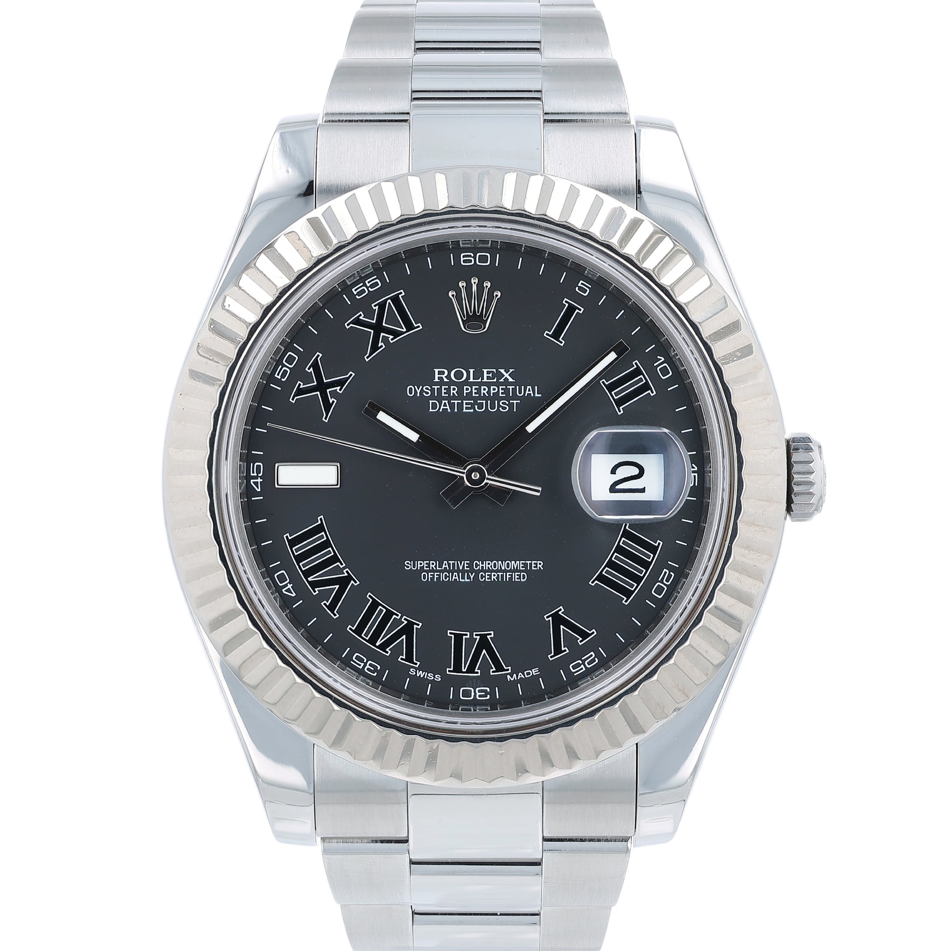 Steel Rolex watch with grey dial and Roman numerals on a white background