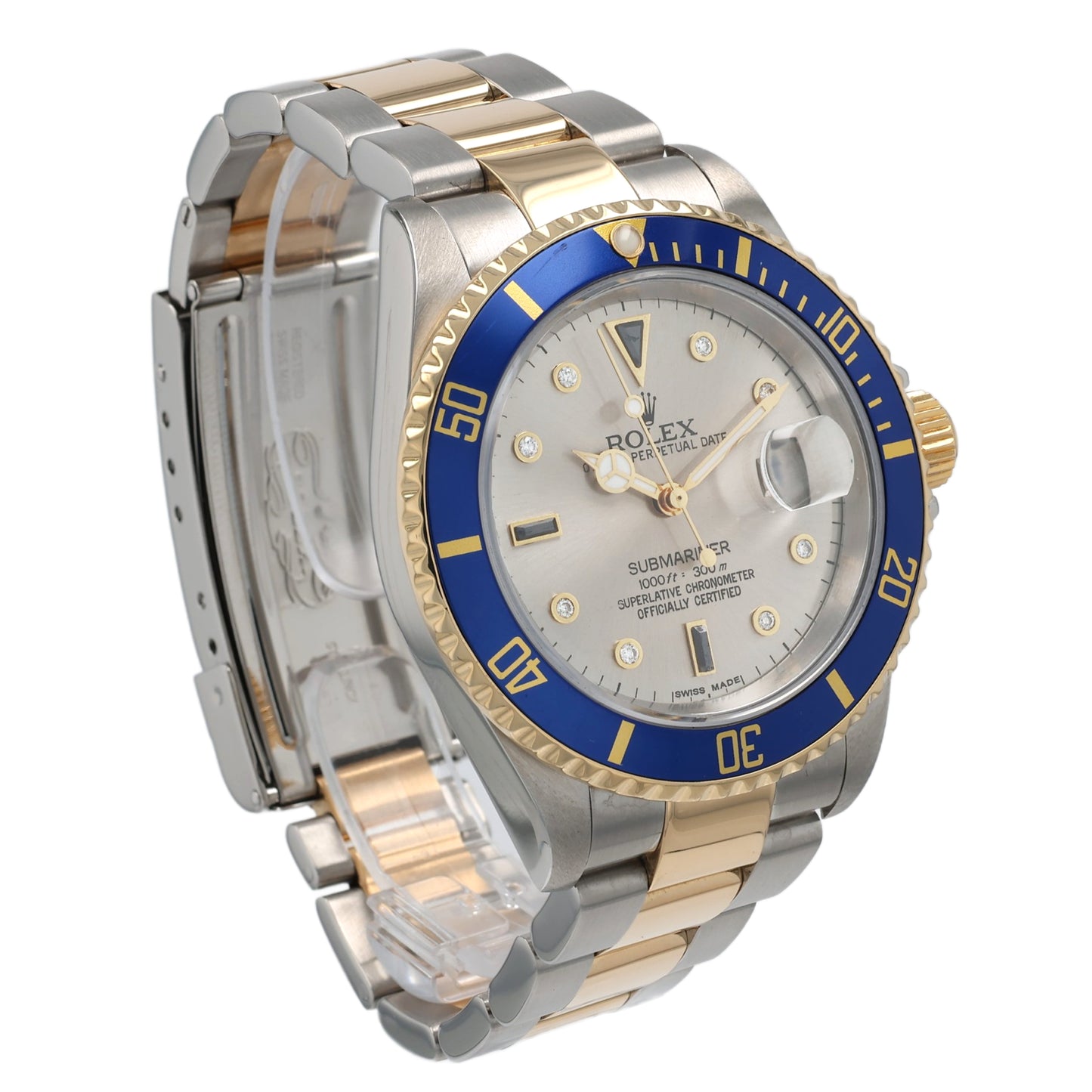 Estate Rolex Two-Tone OP Date 40mm Submariner Custom Silver Serti Diamond and Sapphire Dial 16613T C.2002