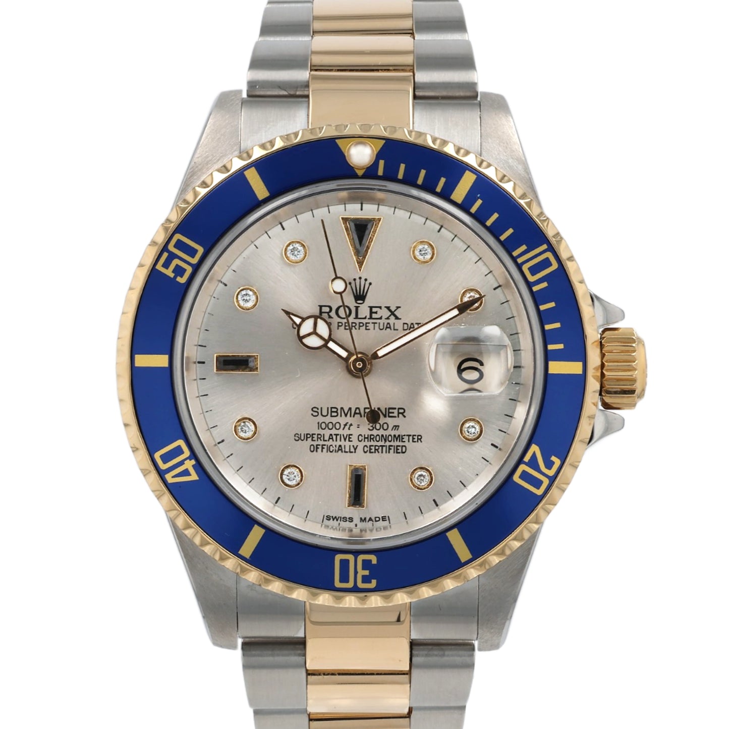 Estate Rolex Two-Tone OP Date 40mm Submariner Custom Silver Serti Diamond and Sapphire Dial 16613T C.2002