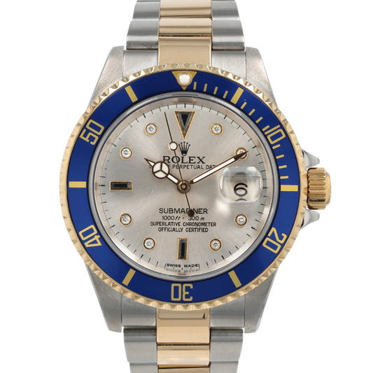 Estate Rolex Two-Tone OP Date 40mm Submariner Custom Silver Serti Diamond and Sapphire Dial 16613T C.2002