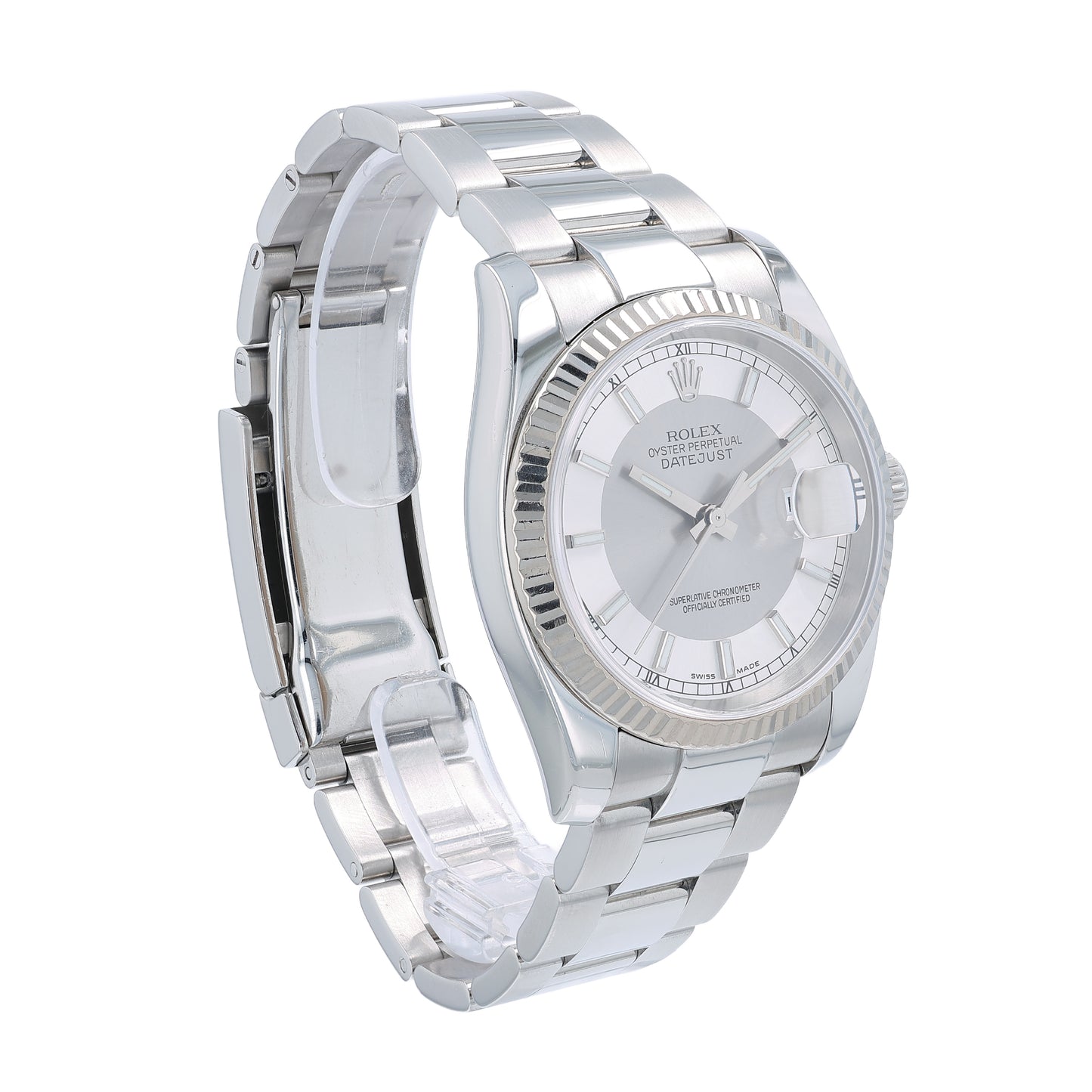 Silver Rolex watch with a silver tuxedo dial on a white background