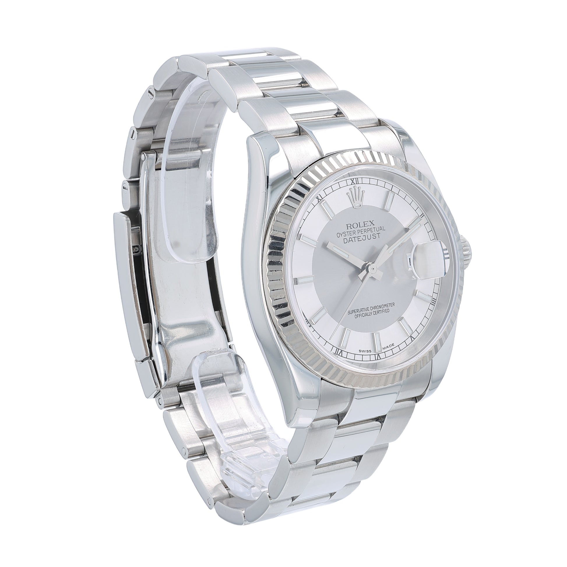 Silver Rolex watch with a silver tuxedo dial on a white background