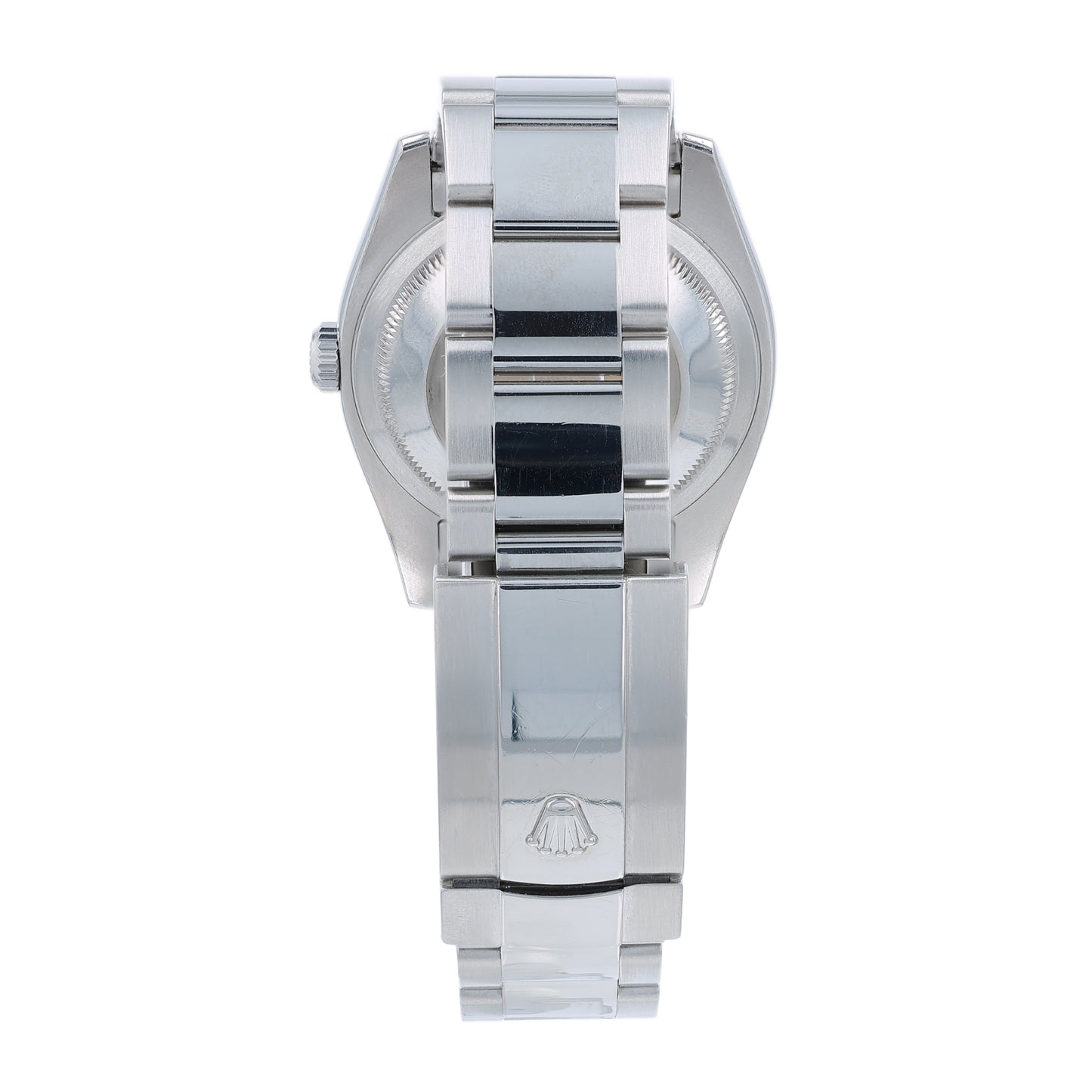 Silver Rolex watch with a silver tuxedo dial on a white background