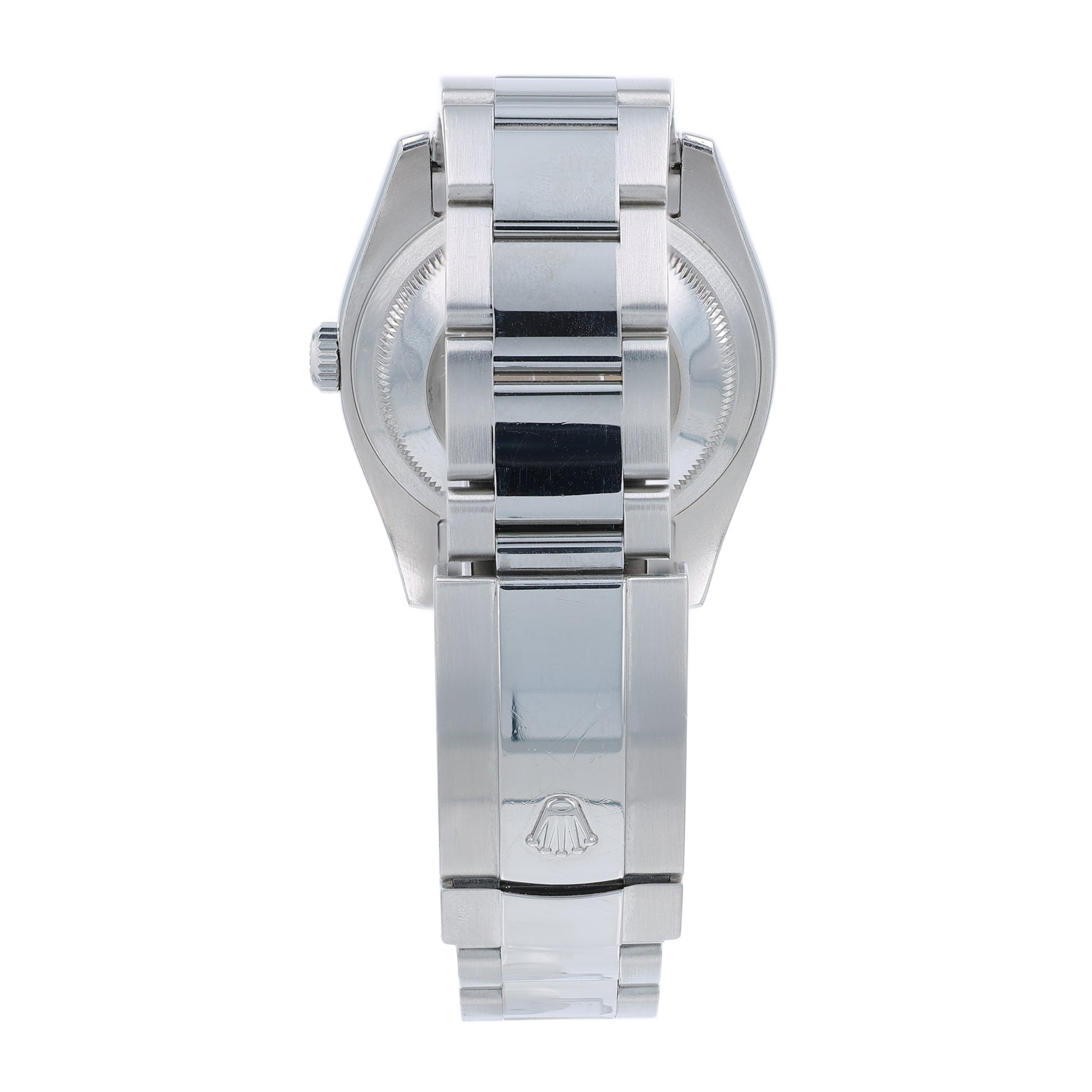Silver Rolex watch with a silver tuxedo dial on a white background