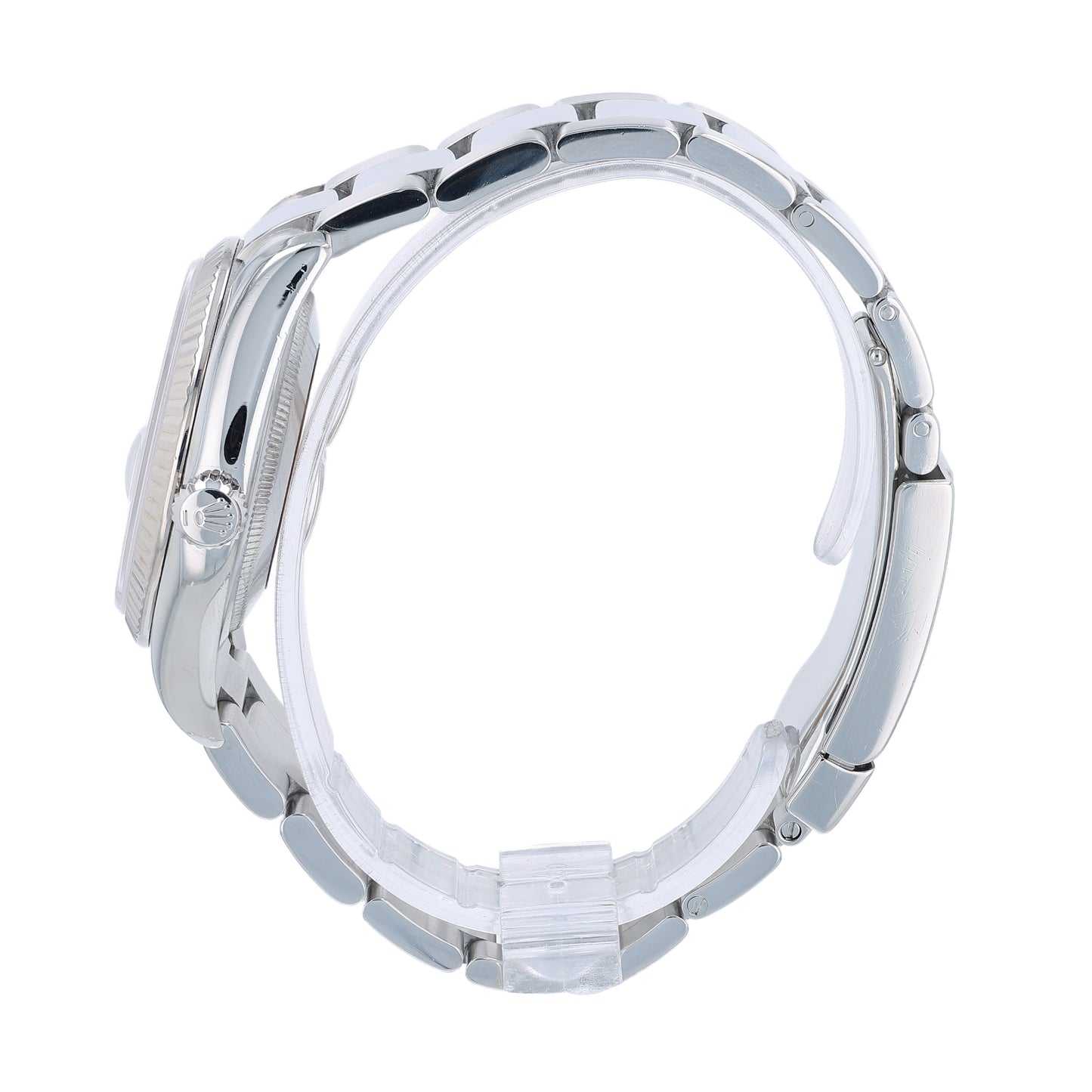 Silver Rolex watch with a silver tuxedo dial on a white background