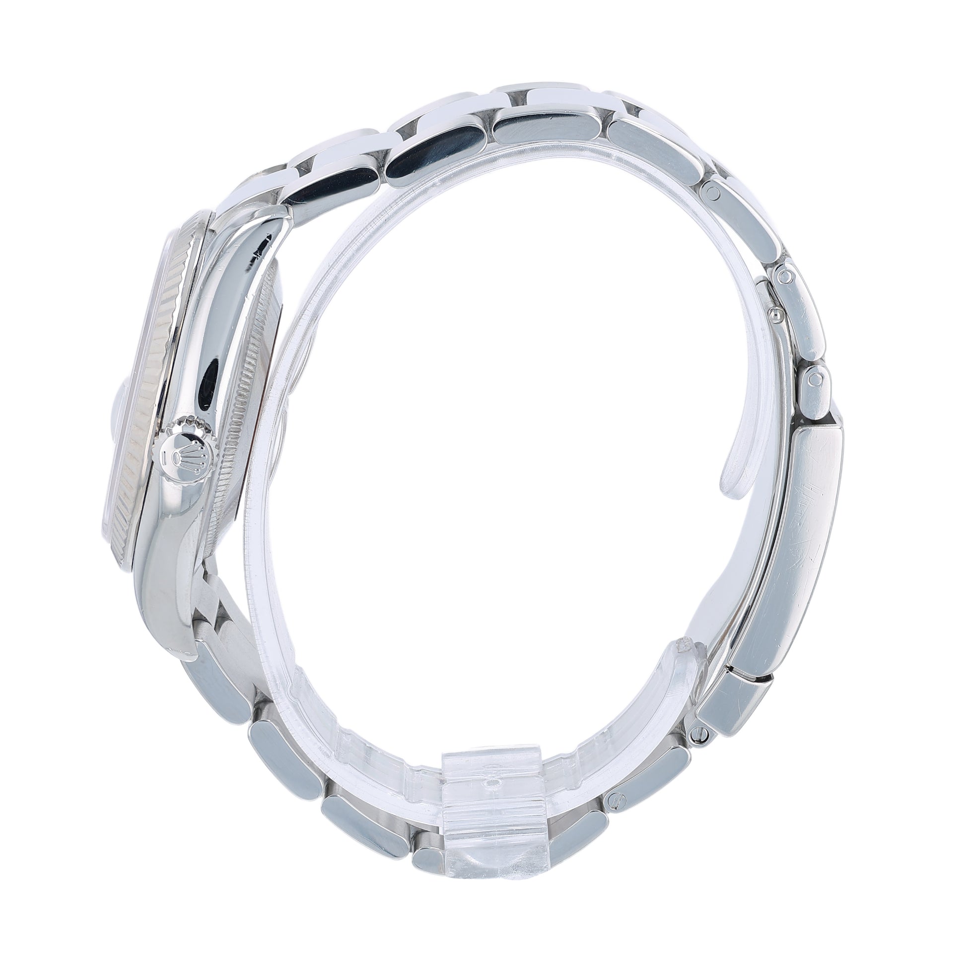 Silver Rolex watch with a silver tuxedo dial on a white background