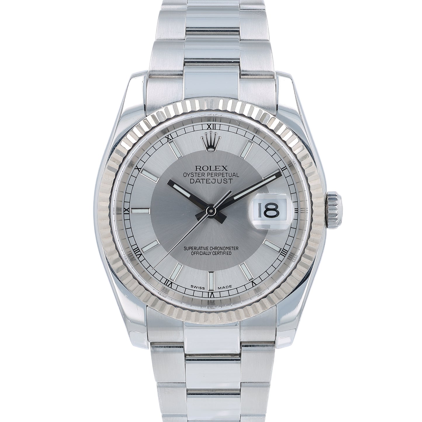 Silver Rolex watch with a silver tuxedo dial on a white background
