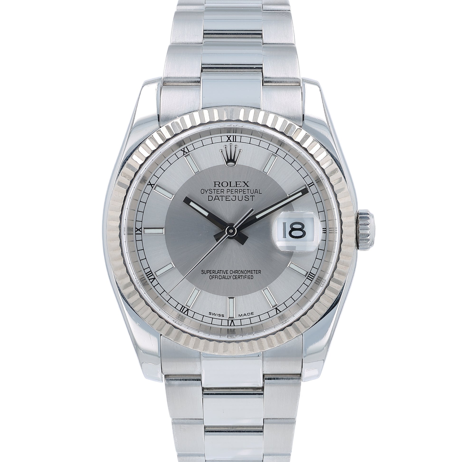 Silver Rolex watch with a silver tuxedo dial on a white background