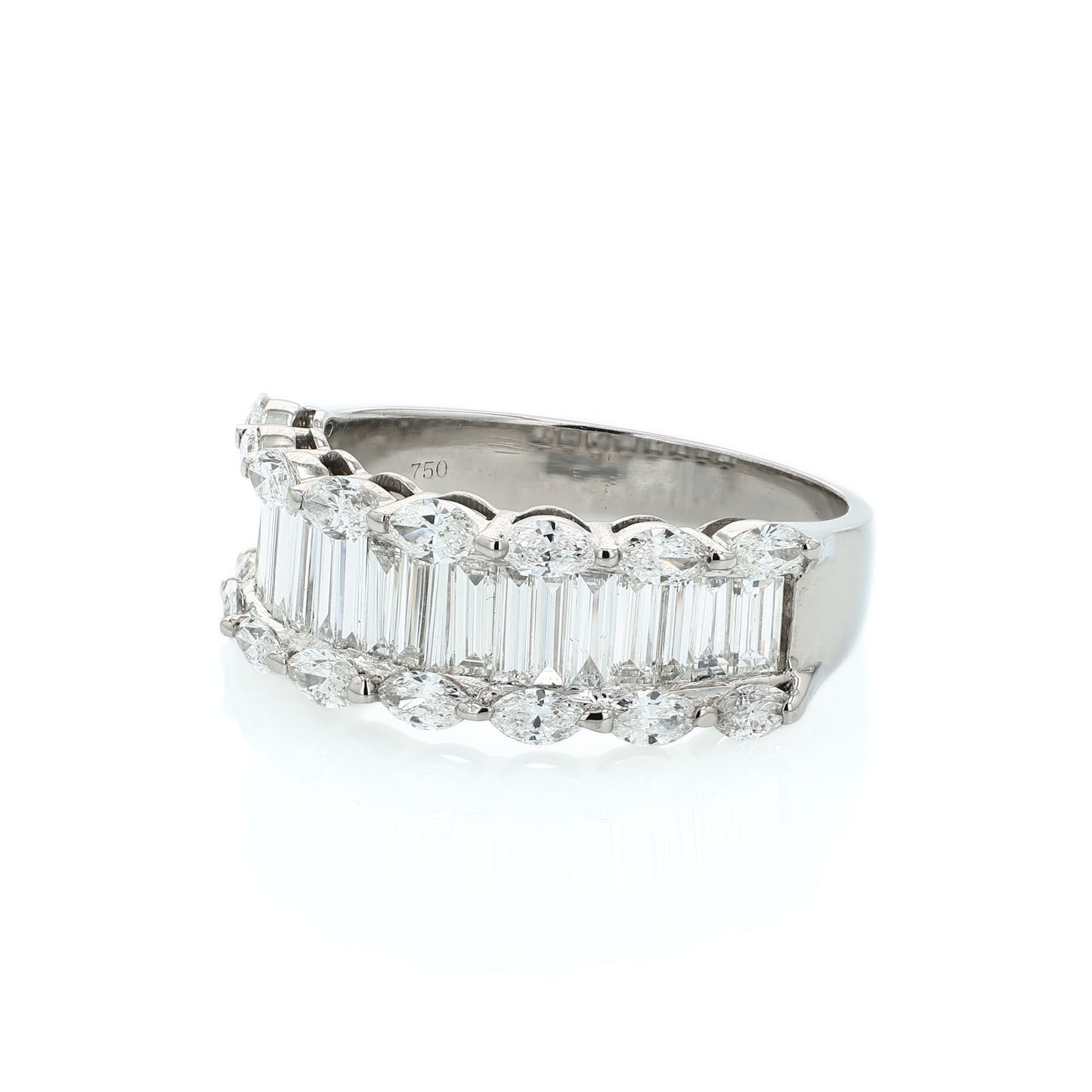 Estate 18k White Gold Marquise and Baguette Diamond Three Row Ring