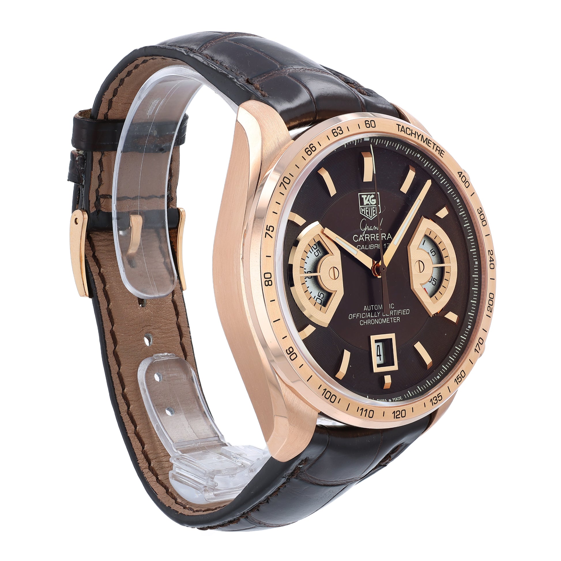 Angle of a TAG Heuer Grand Carrera watch with brown leather strap, rose gold case and brown dial on a white background