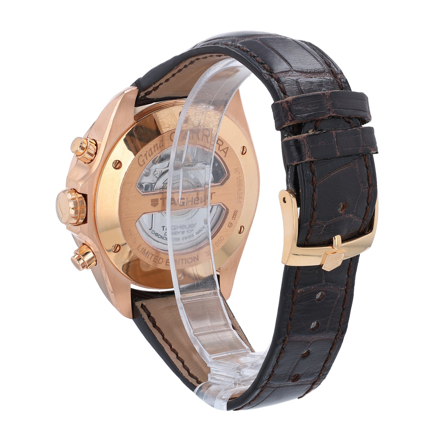 Back angle of a TAG Heuer Grand Carrera watch with brown leather strap, rose gold case and brown dial on a white background