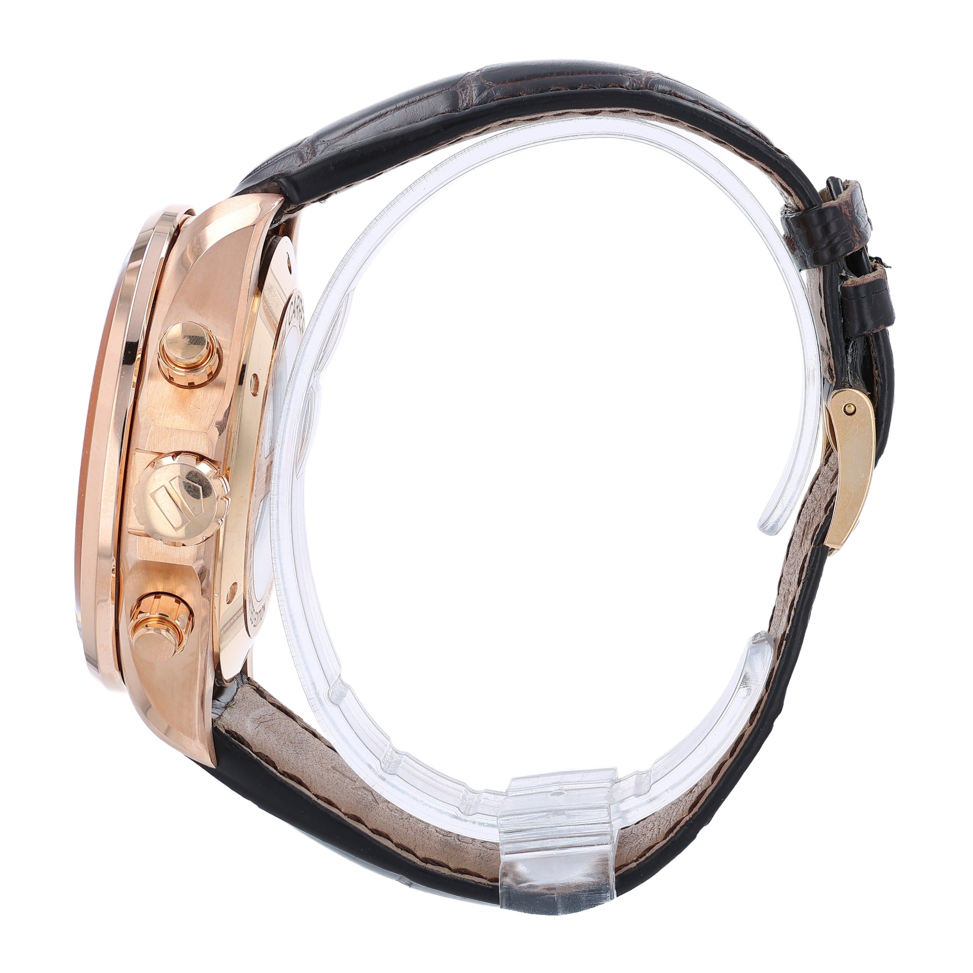 Side profile of a TAG Heuer Grand Carrera watch with brown leather strap, rose gold case and brown dial on a white background