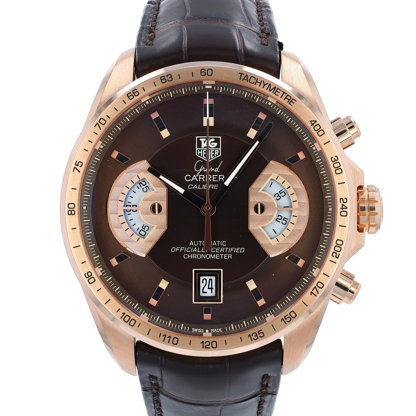 TAG Heuer Grand Carrera watch with brown leather strap, rose gold case and brown dial on a white background