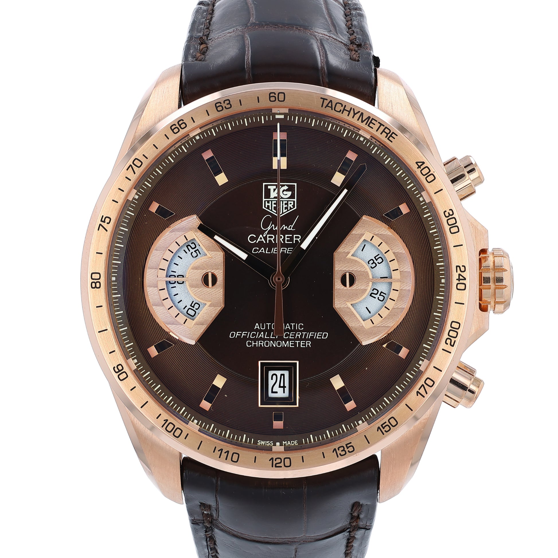TAG Heuer Grand Carrera watch with brown leather strap, rose gold case and brown dial on a white background