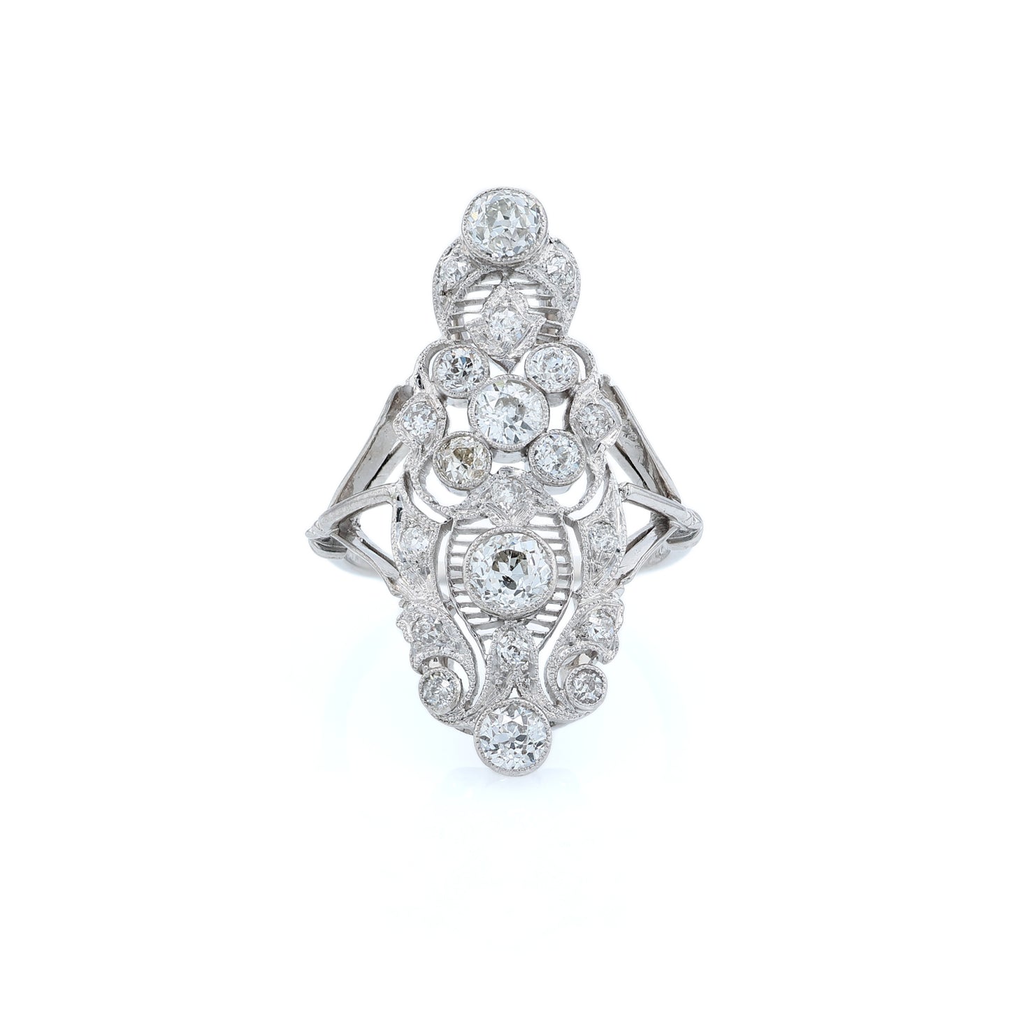 Estate Oscar Caplan Platinum Filigree Vertical Design Diamond Ring