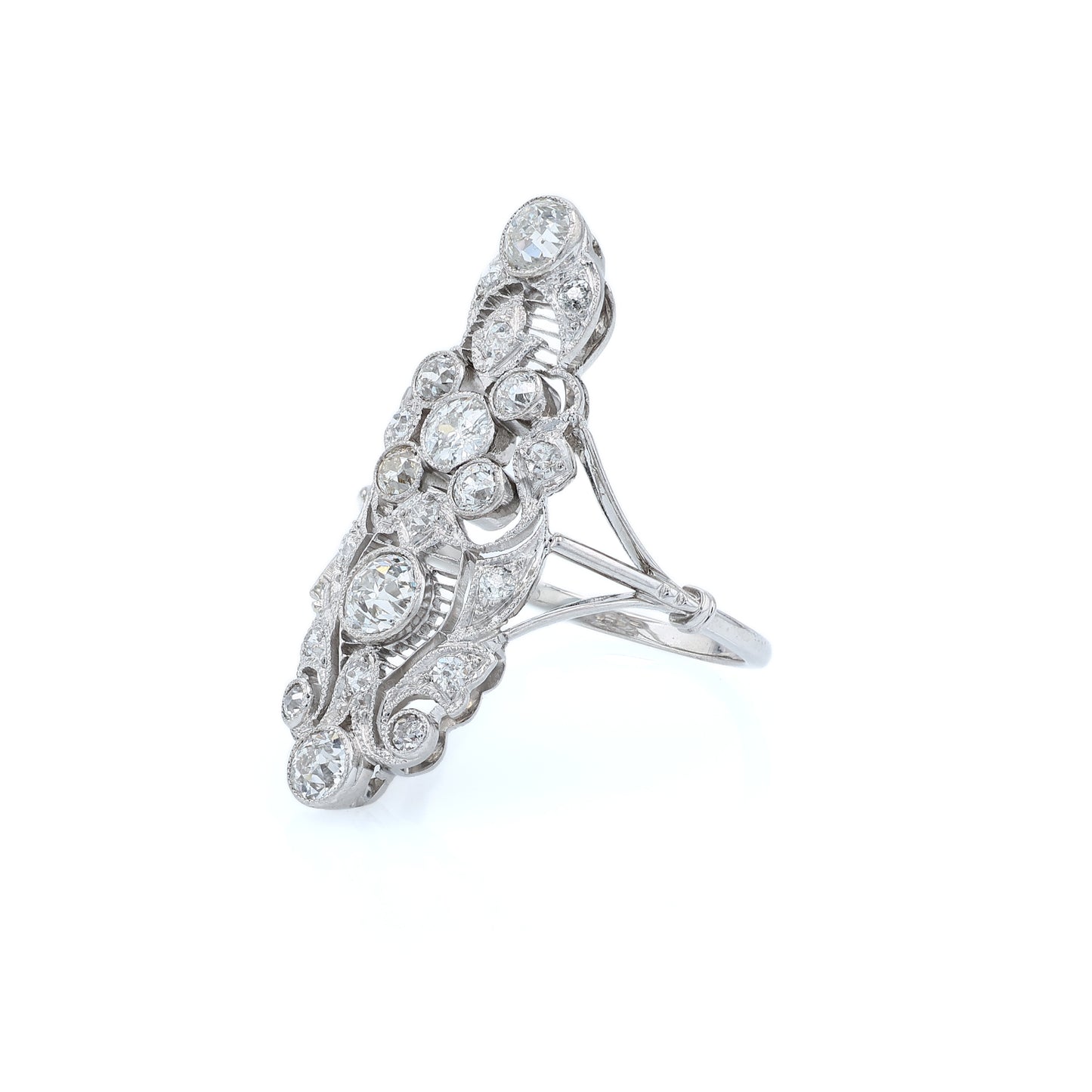 Estate Oscar Caplan Platinum Filigree Vertical Design Diamond Ring