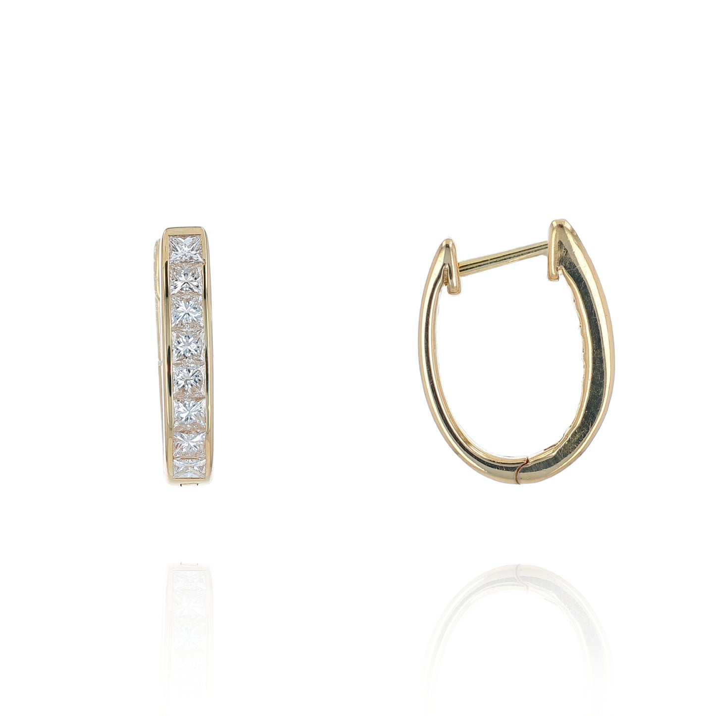 Estate 14k Yellow Gold Channel Set Princess Cut Diamond Hoop Earrings