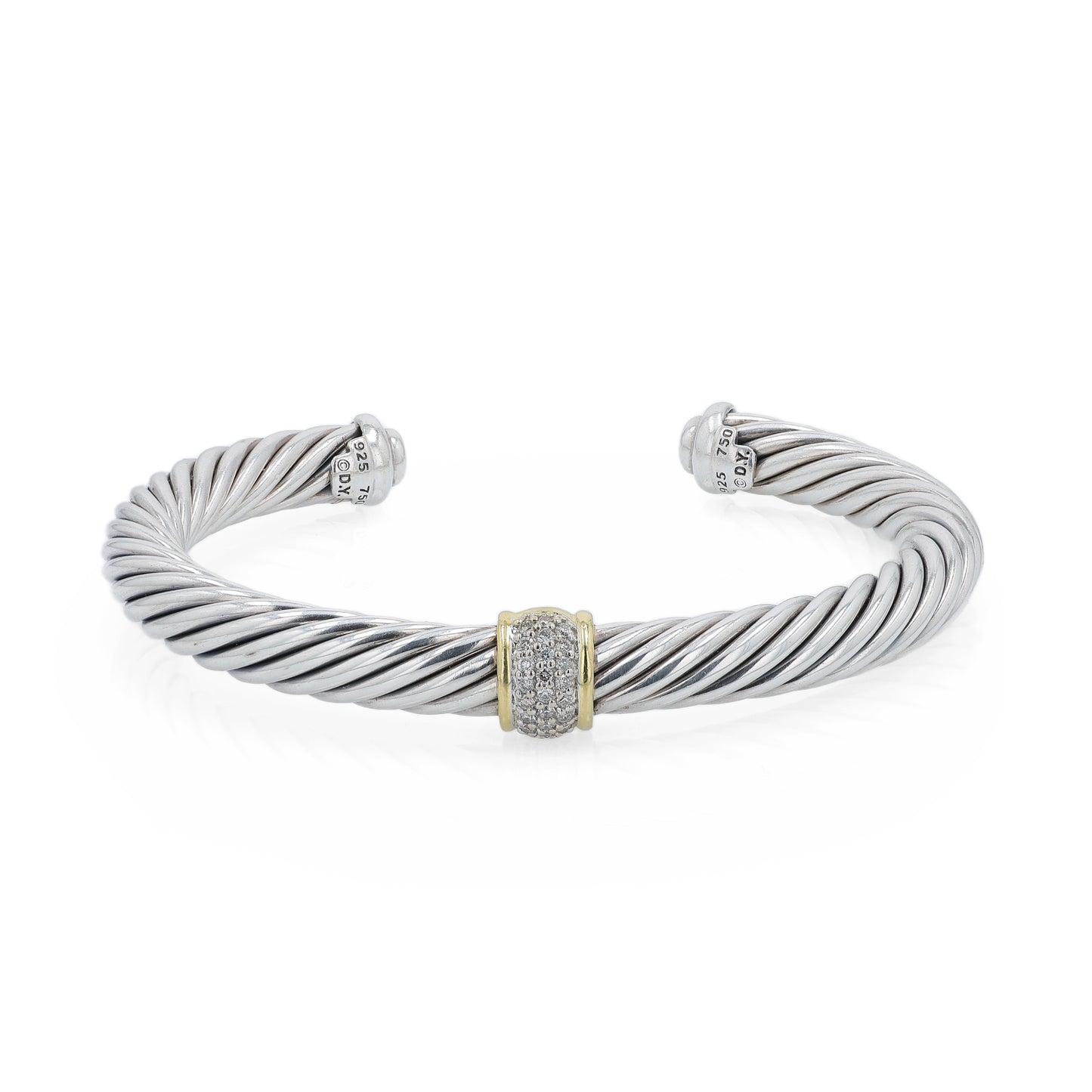 David Yurman silver and gold diamond station cuff bracelet on a white background