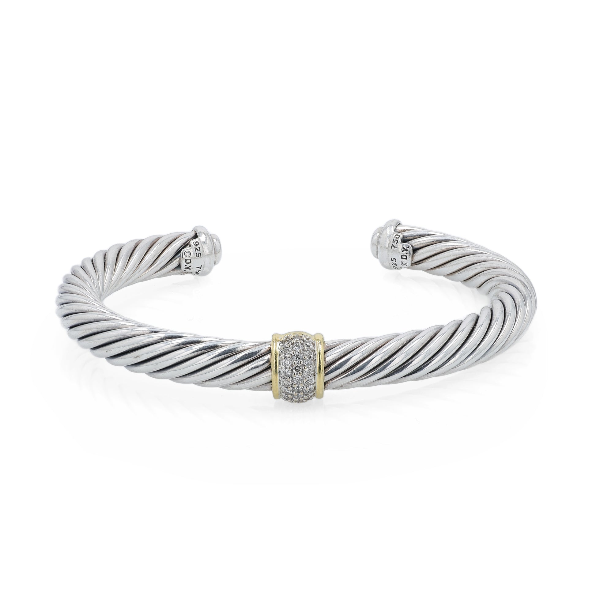 David Yurman silver and gold diamond station cuff bracelet on a white background