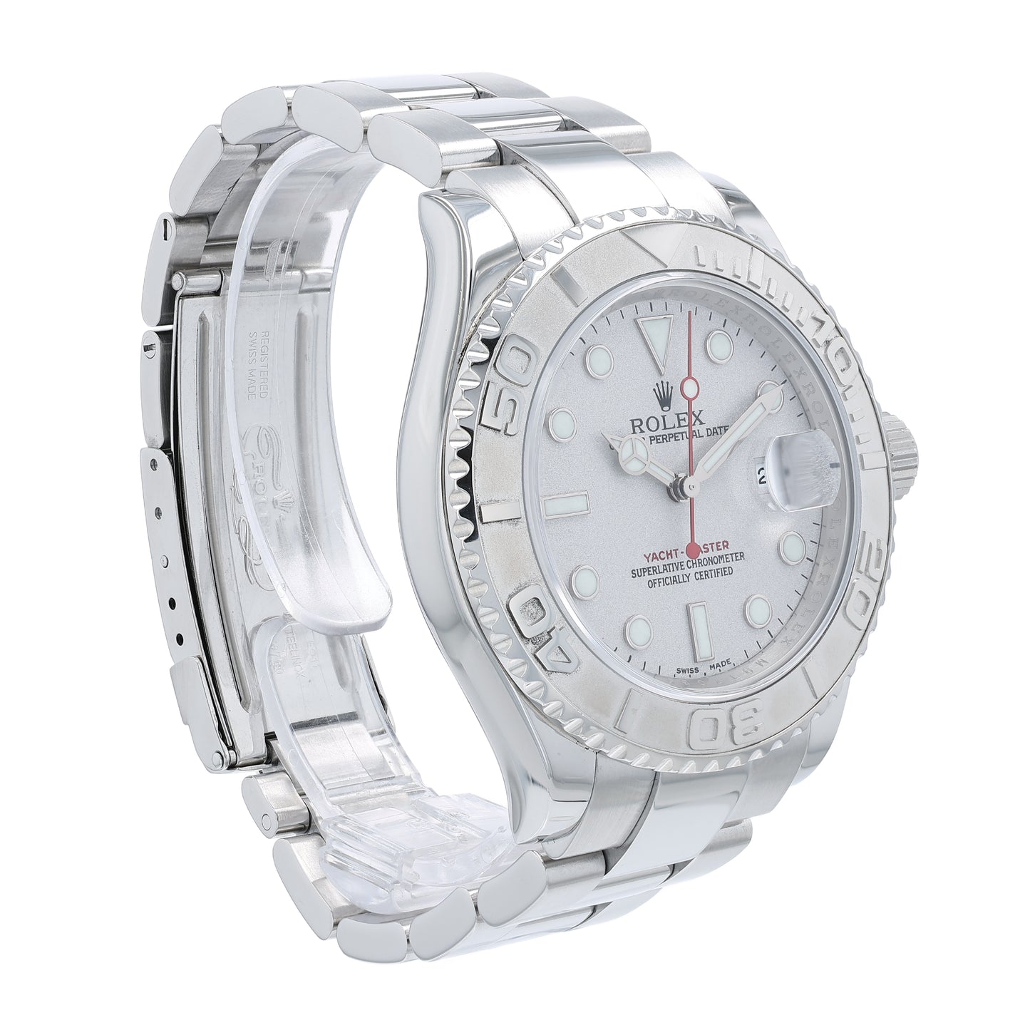 Steel Rolex watch with a platinum dial and bezel on a white background