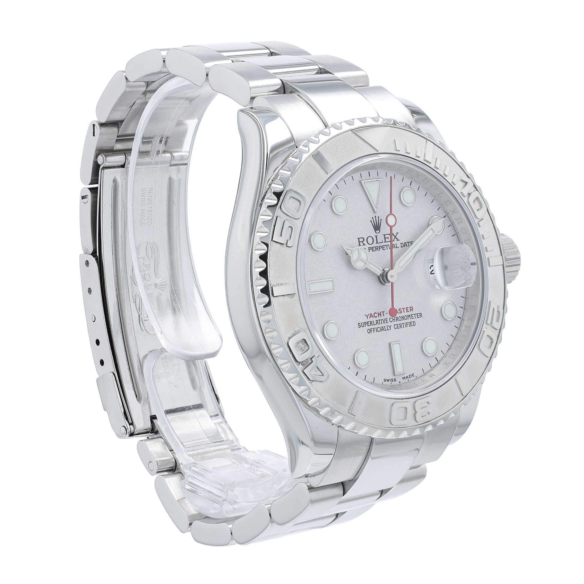 Steel Rolex watch with a platinum dial and bezel on a white background