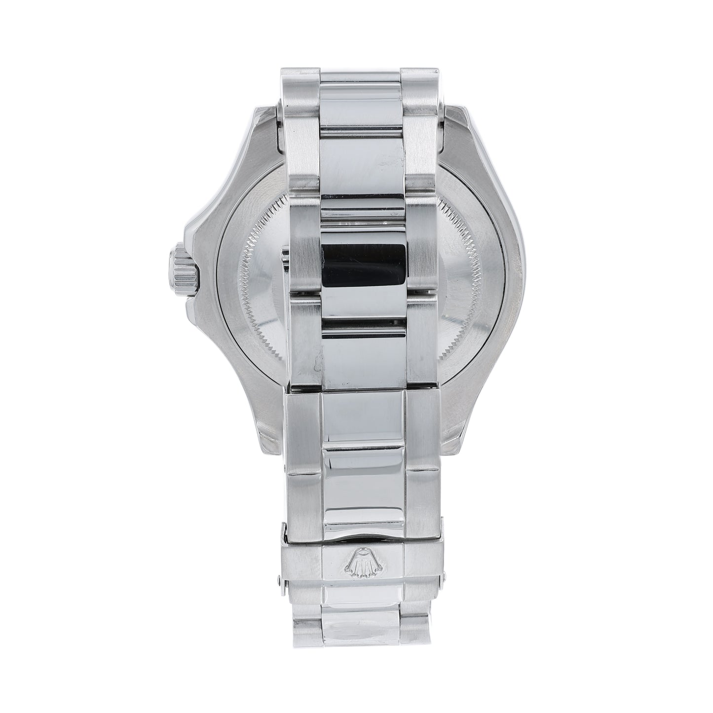 Steel Rolex watch with a platinum dial and bezel on a white background