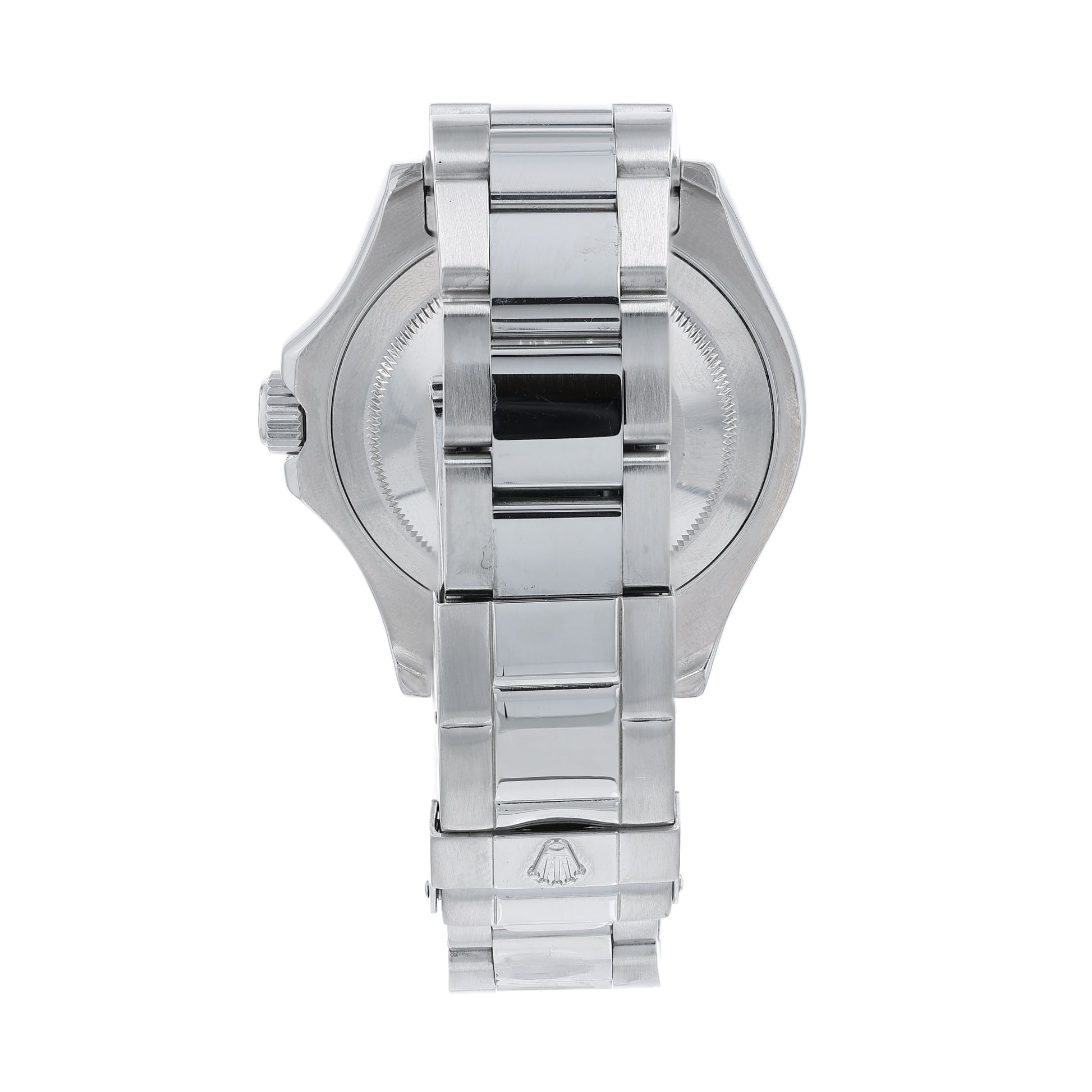 Steel Rolex watch with a platinum dial and bezel on a white background