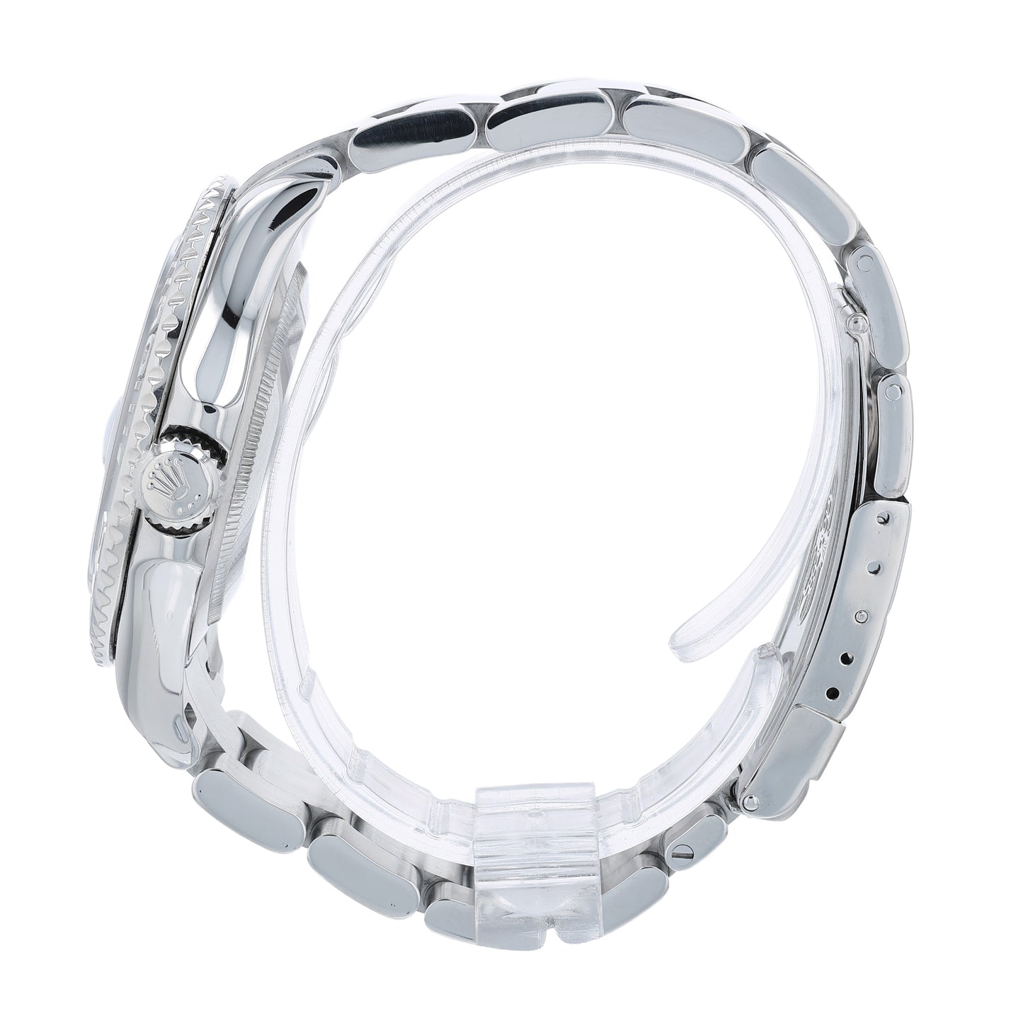 Steel Rolex watch with a platinum dial and bezel on a white background
