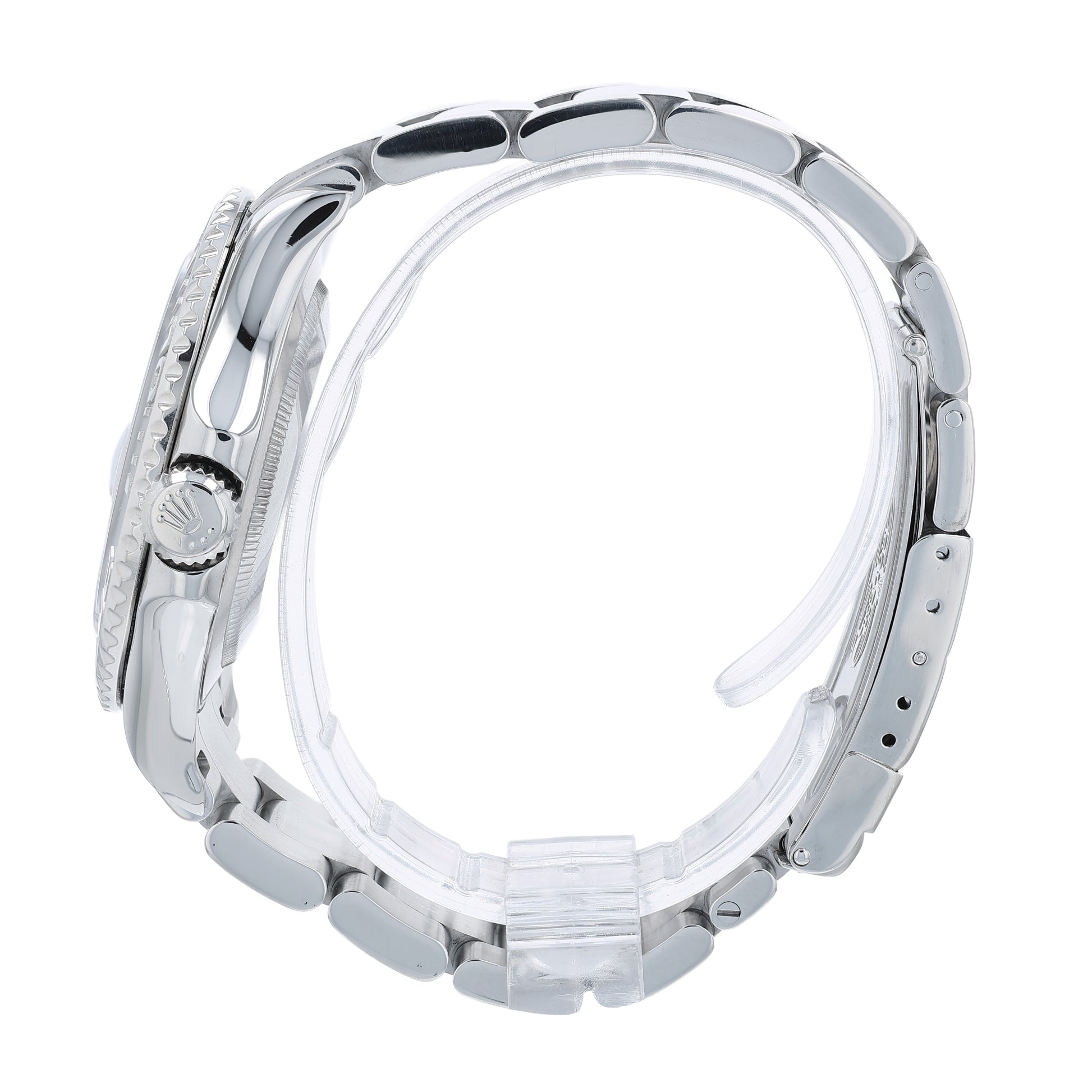 Steel Rolex watch with a platinum dial and bezel on a white background