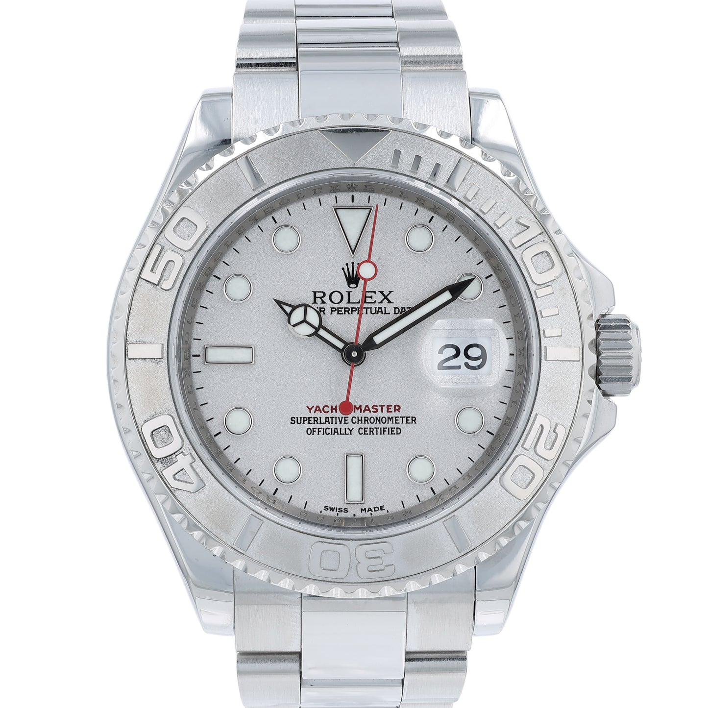 Steel Rolex watch with a platinum dial and bezel on a white background