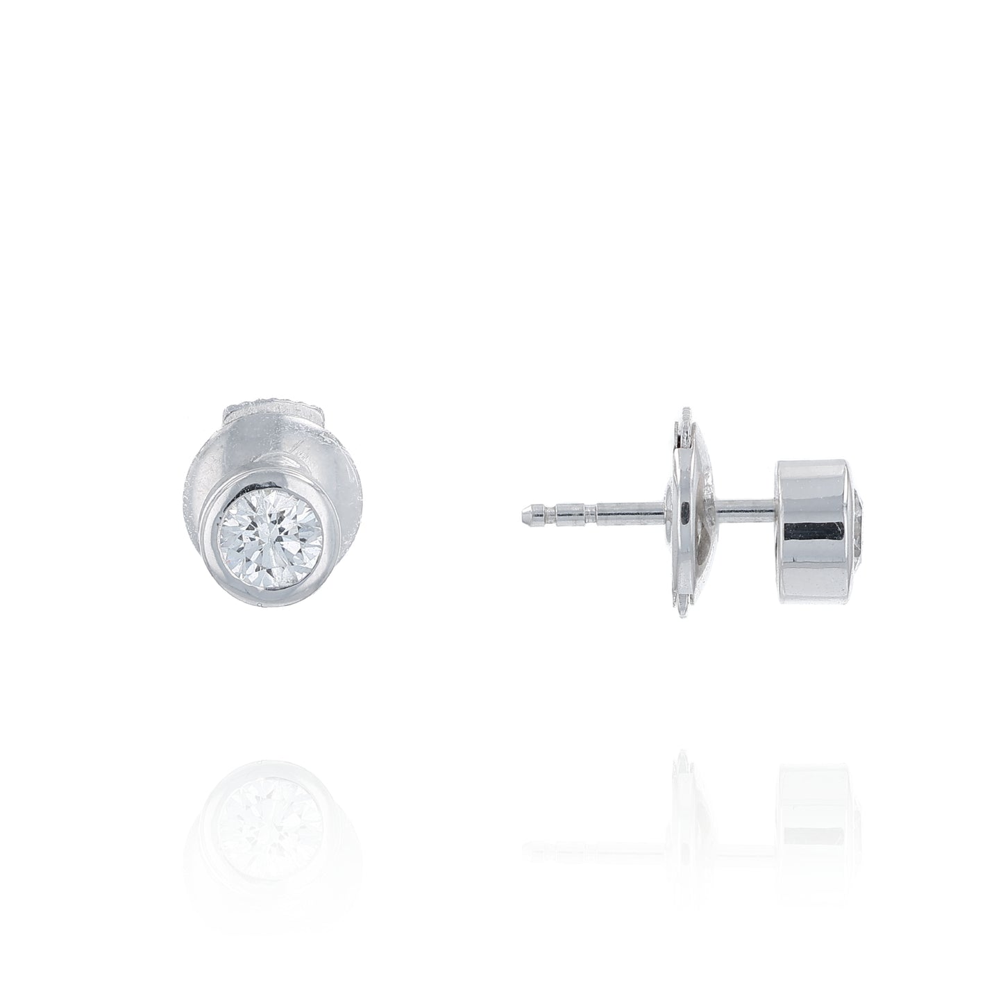 White gold bezel-set diamond stud earrings on a white background