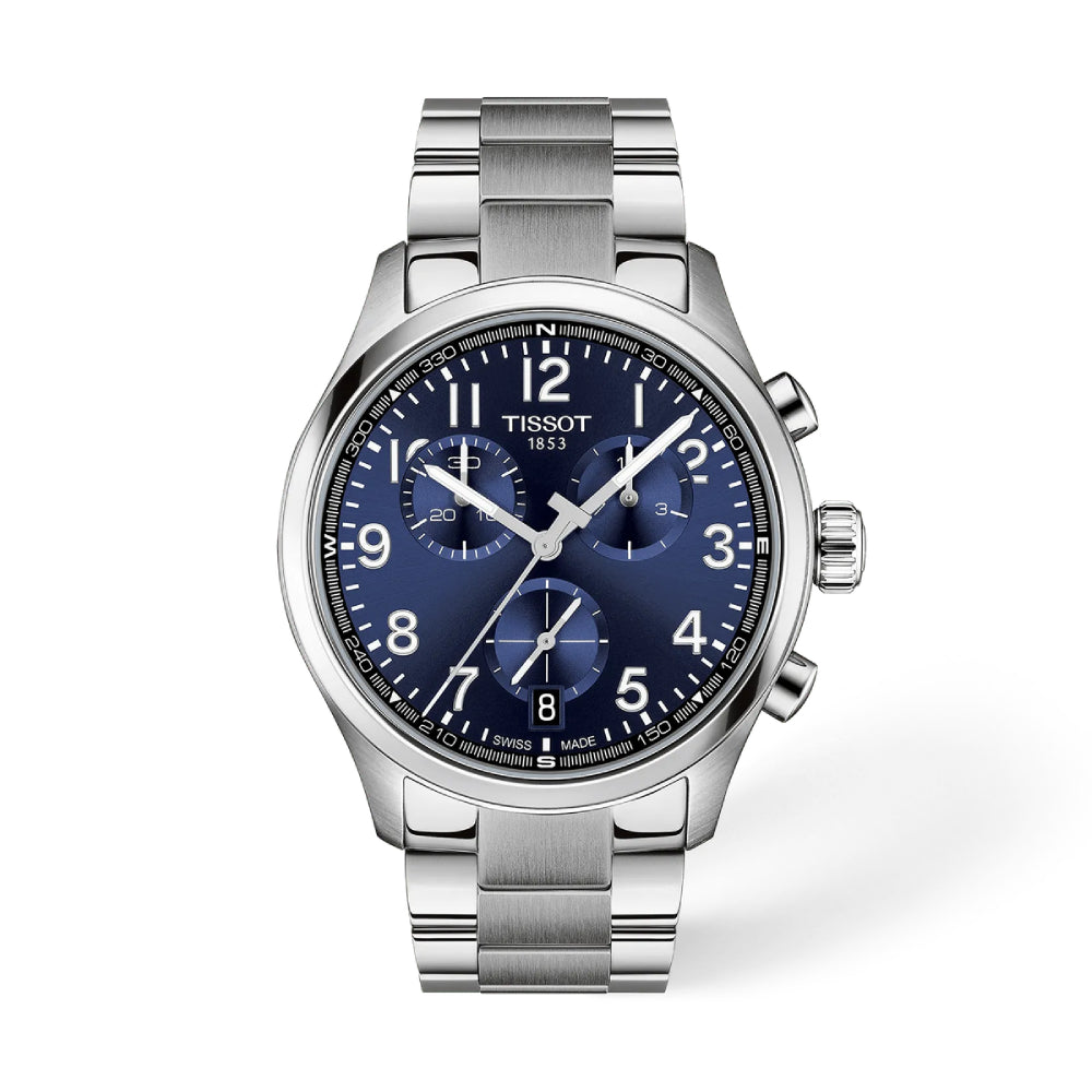 Silver Tissot watch with blue dial on a white background