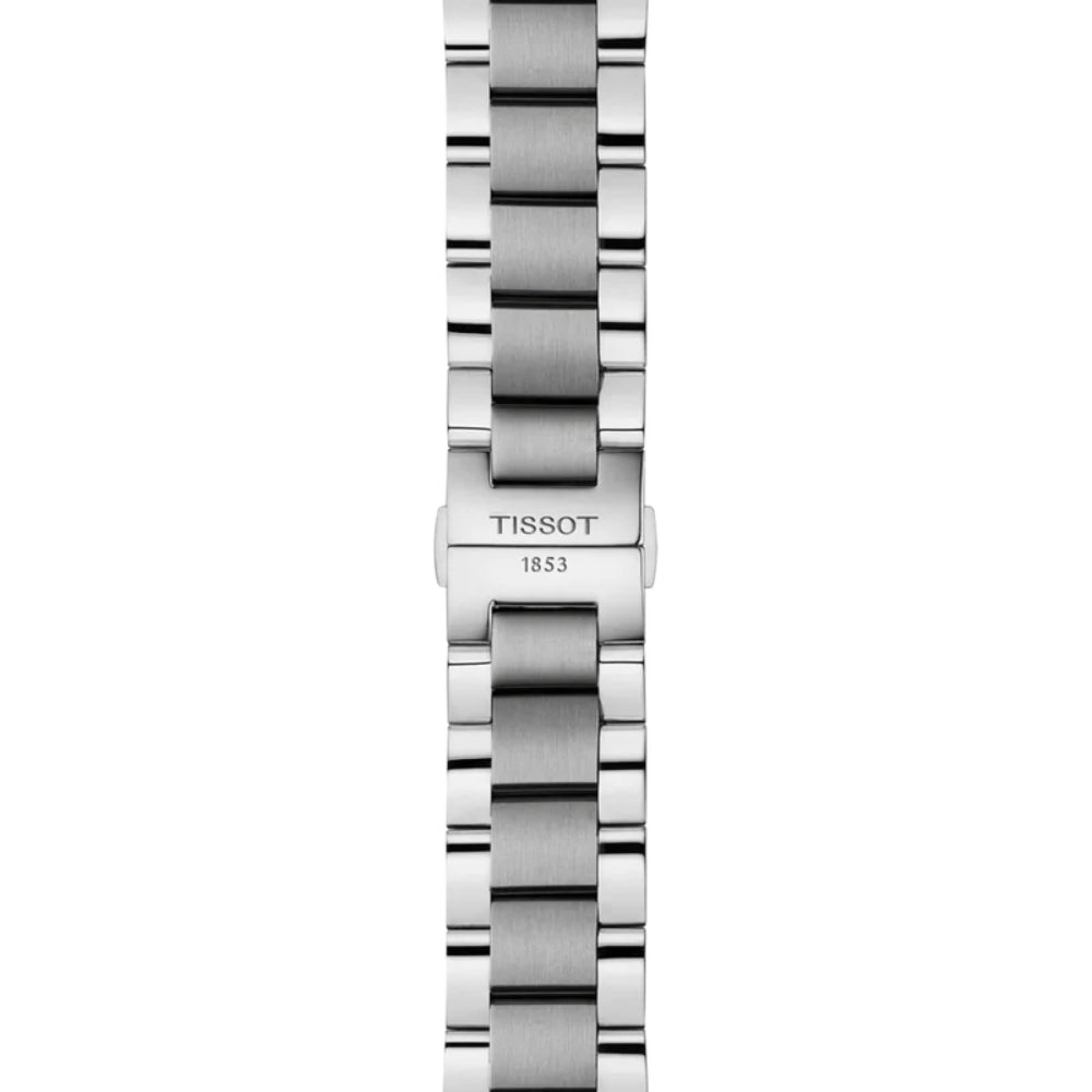 Silver watch strap with Tissot logo on a white background