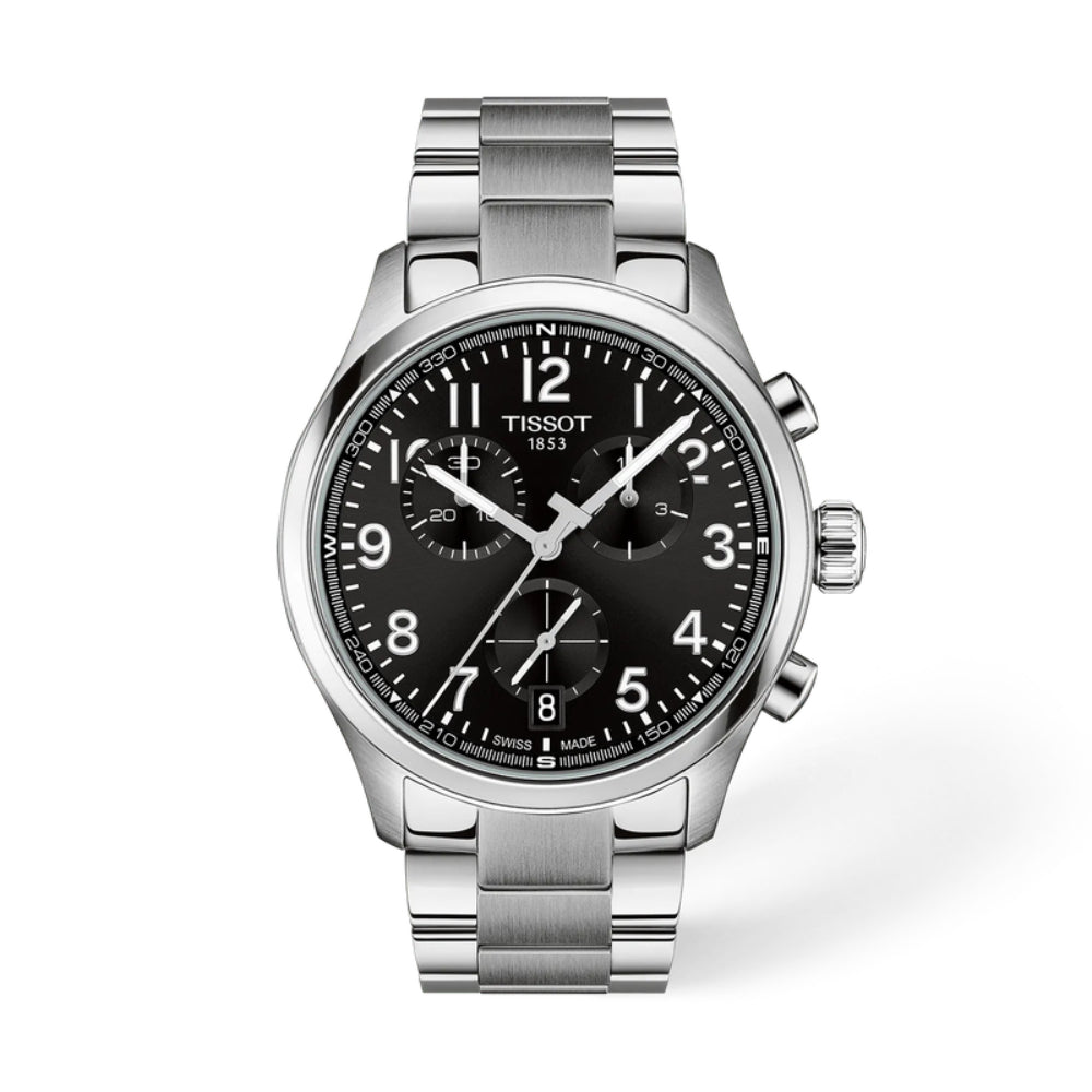 Silver Tissot watch with black dial on a white background