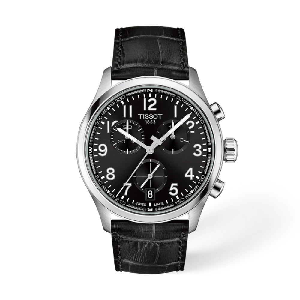 Tissot watch with black leather strap and black dial on a white background