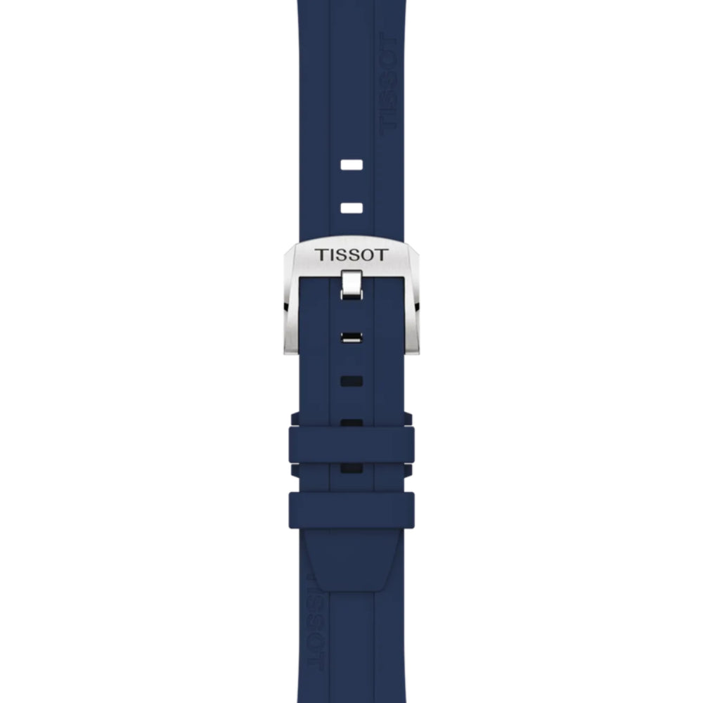 Blue watch strap with Tissot logo on a white background