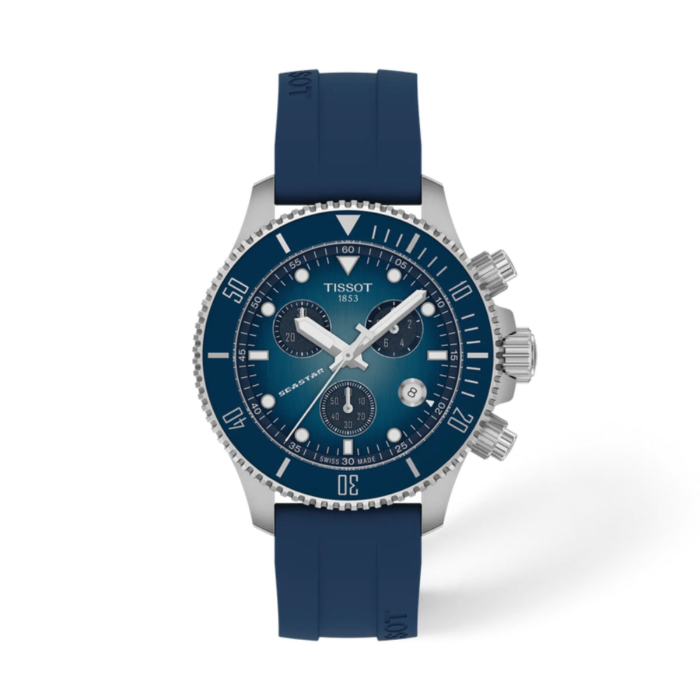 Blue Tissot watch with a blue rubber strap on a white background