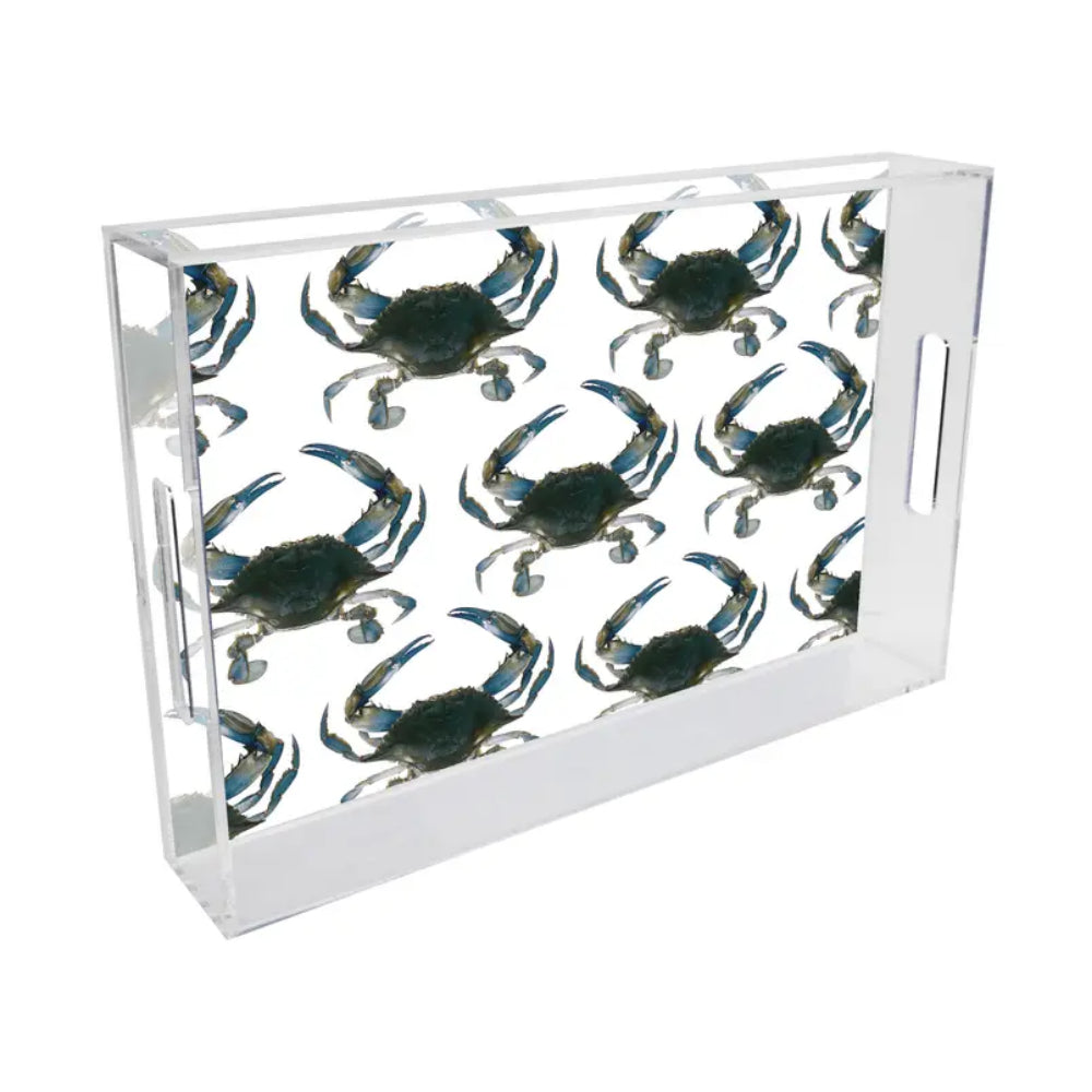 A rectangular clear acrylic serving tray with a handle, featuring a repeating pattern of blue crabs printed on the front, shown against a plain white background.