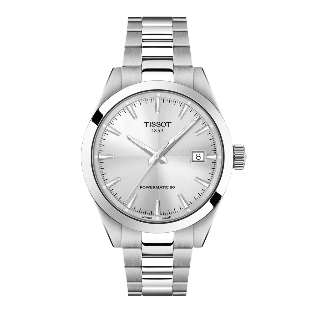 Silver Tissot watch with a silver dial on a white background
