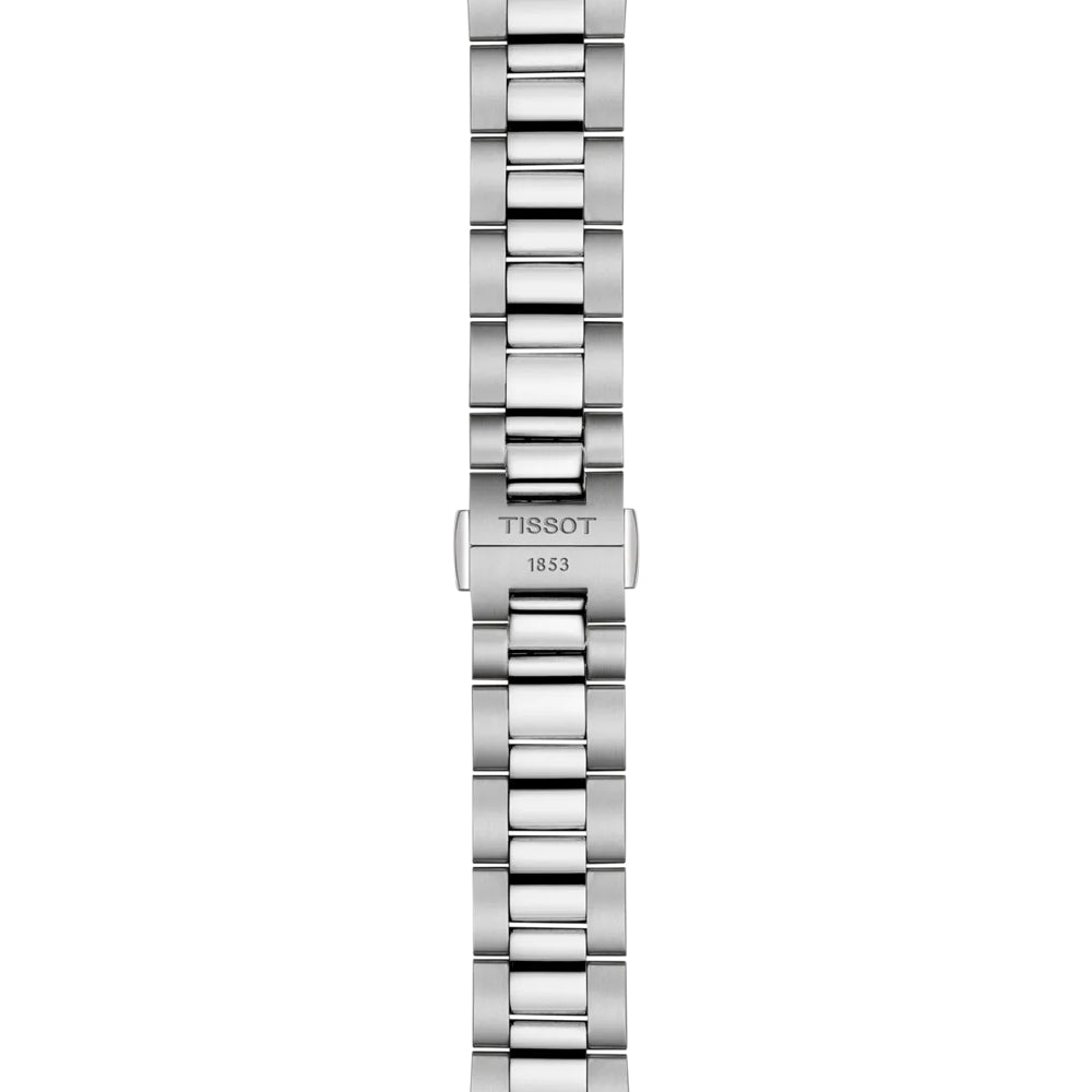 Silver watch strap with Tissot logo on a white background
