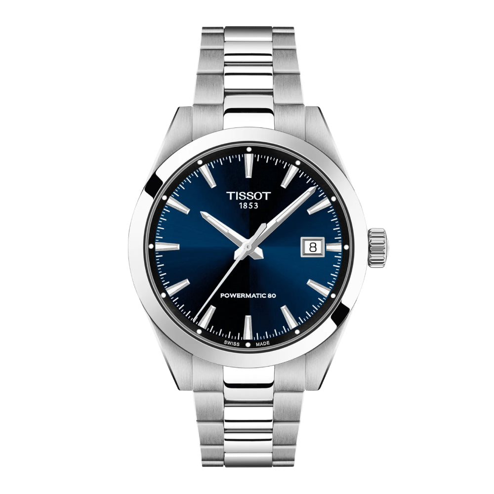 Tissot watch with blue dial and silver bracelet on a white background