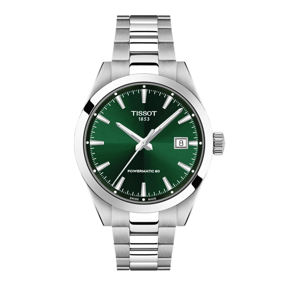 Tissot watch with green dial and silver bracelet on white background
