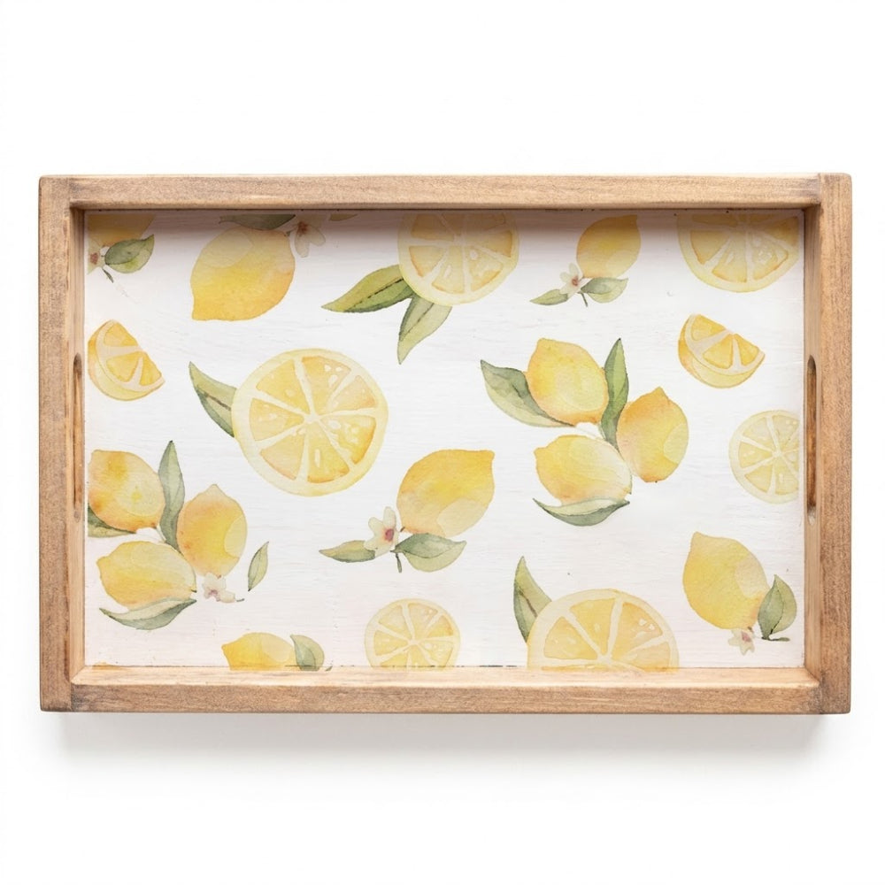 Wooden tray with lemon pattern on a white background