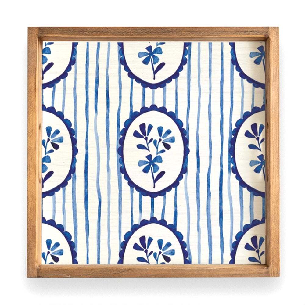 Rustic Marlin Blue Stripe with Blue Flower Serving Tray