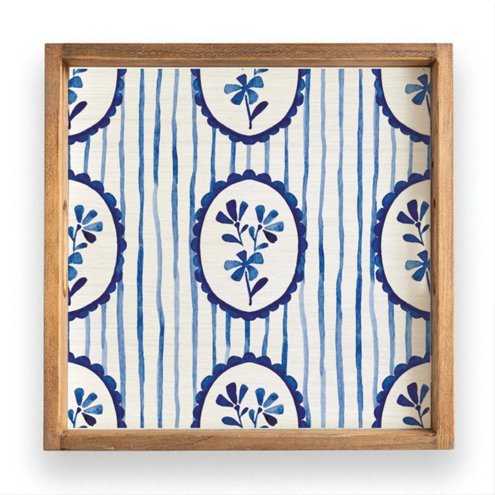 Rustic Marlin Blue Stripe with Blue Flower Serving Tray