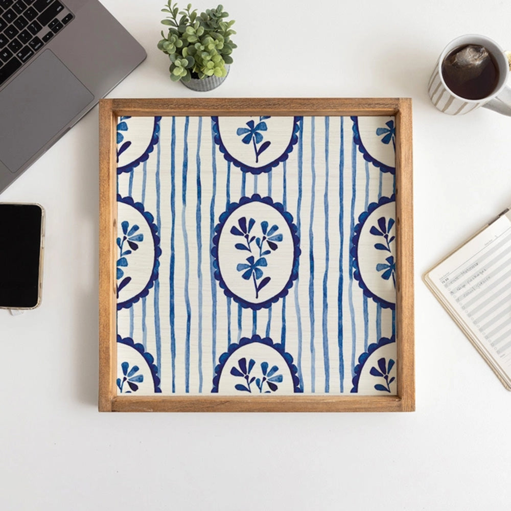 Rustic Marlin Blue Stripe with Blue Flower Serving Tray