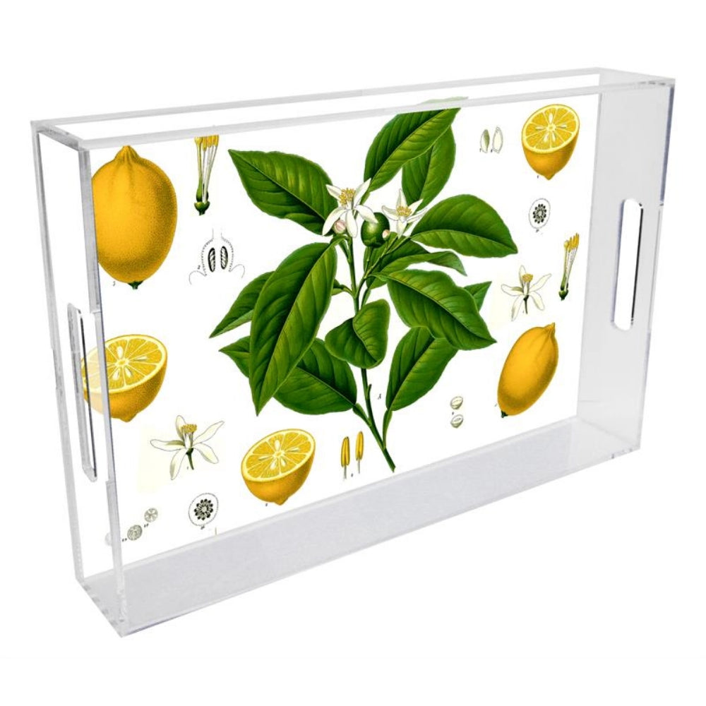 A clear acrylic serving tray with integrated side handles, featuring a botanical illustration of a lemon tree with green leaves, yellow lemons, and white blossoms on a white background.