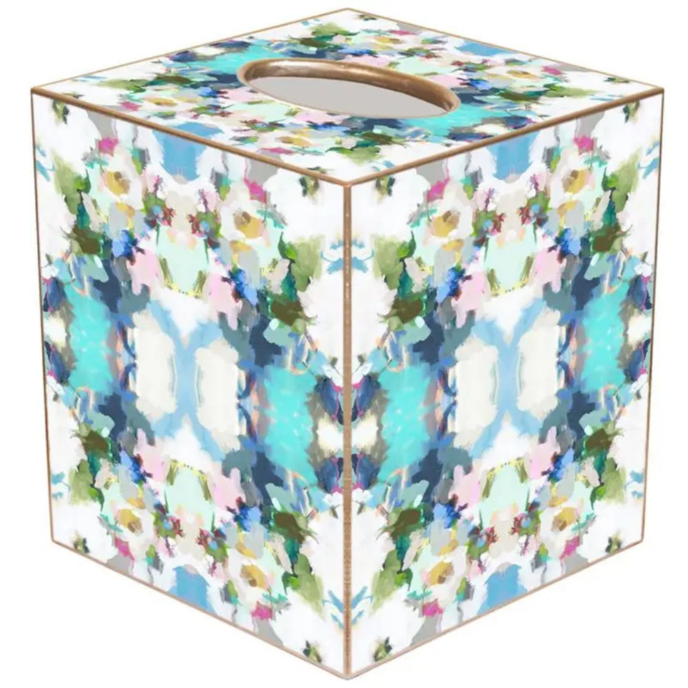 Tissue box cover with a colorful abstract pattern on a white background