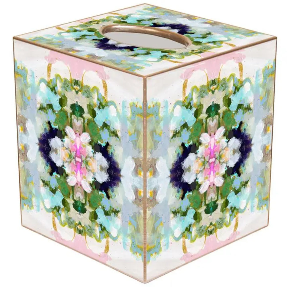 Decorative tissue box cover with floral design on a white background