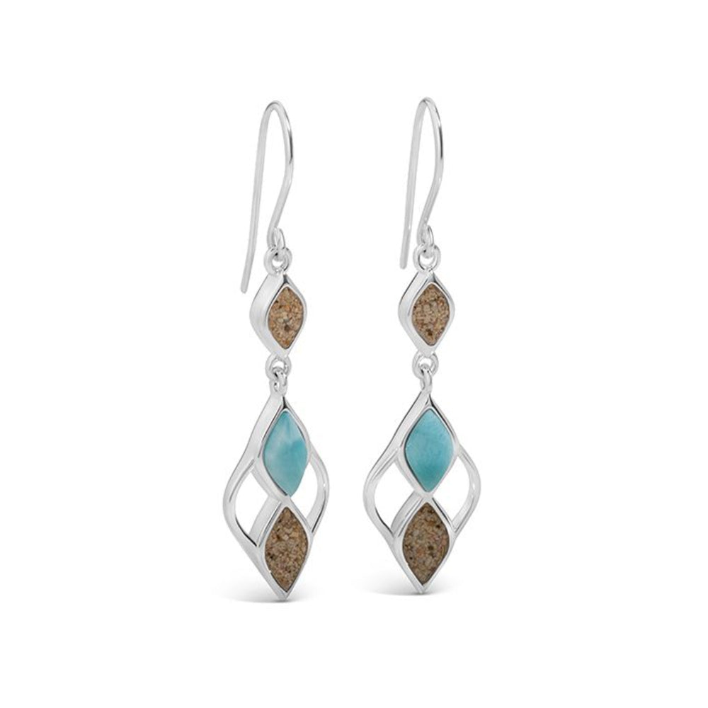 Pair of silver earrings with turquoise and brownstone stones on a white background